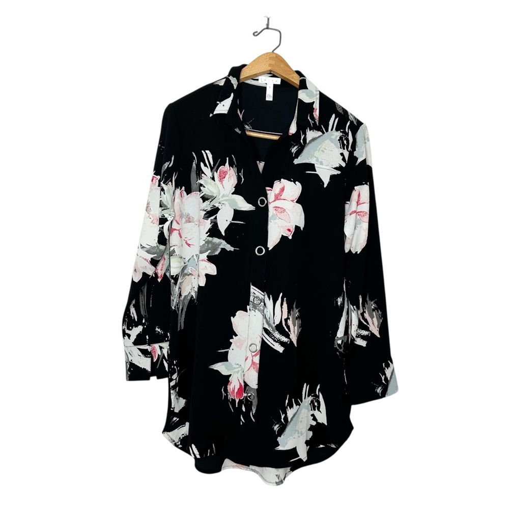 Leith Nordstrom Womens Floral Print Textured Gauze Button‎ Front Tunic Blouse S
